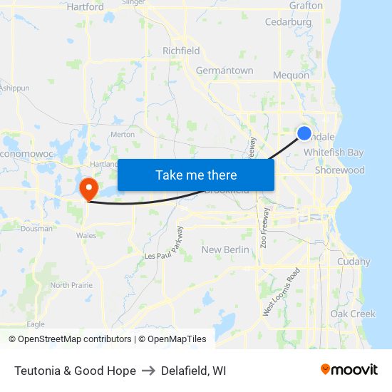 Teutonia & Good Hope to Delafield, WI map