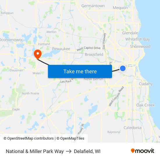 National & Miller Park Way to Delafield, WI map