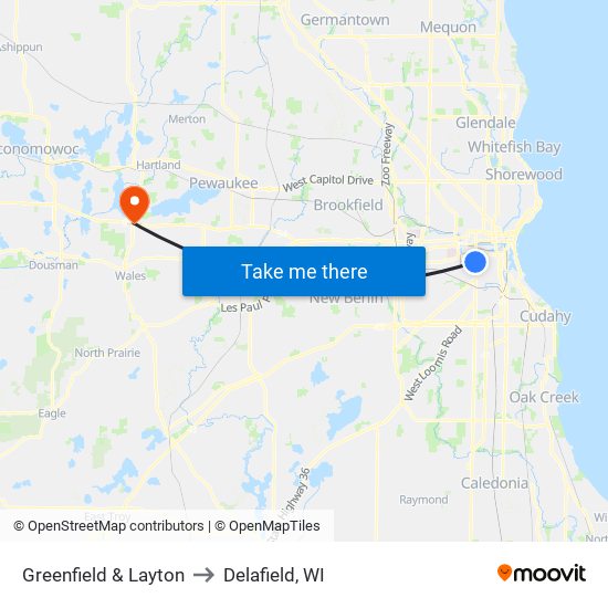 Greenfield & Layton to Delafield, WI map