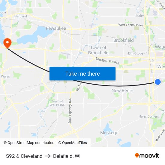 S92 & Cleveland to Delafield, WI map