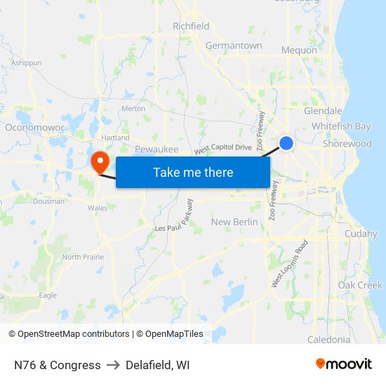N76 & Congress to Delafield, WI map
