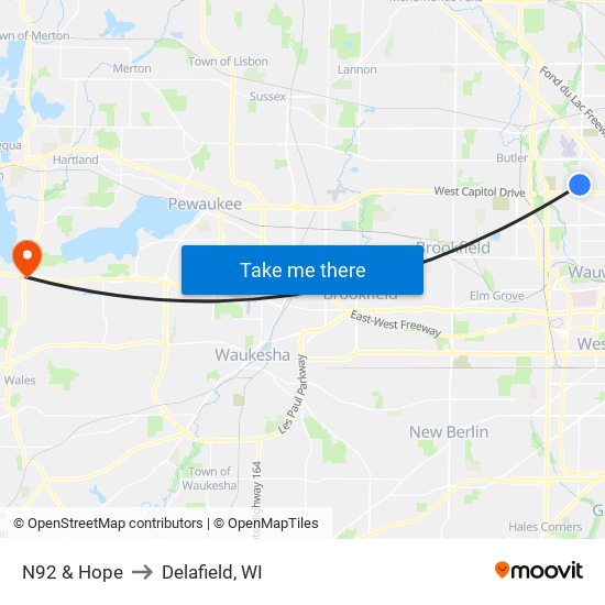 N92 & Hope to Delafield, WI map