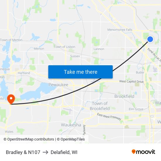 Bradley & N107 to Delafield, WI map