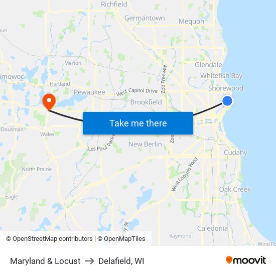 Maryland & Locust to Delafield, WI map