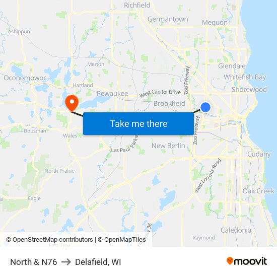 North & N76 to Delafield, WI map