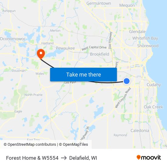 Forest Home & W5554 to Delafield, WI map