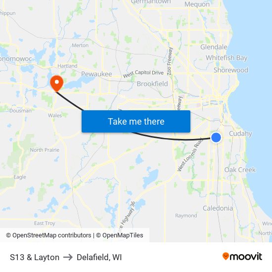 S13 & Layton to Delafield, WI map