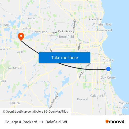 College & Packard to Delafield, WI map