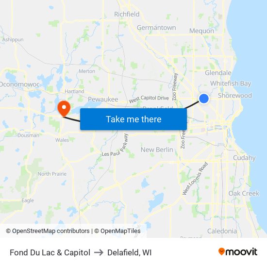 Fond Du Lac & Capitol to Delafield, WI map