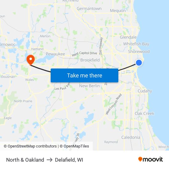 North & Oakland to Delafield, WI map