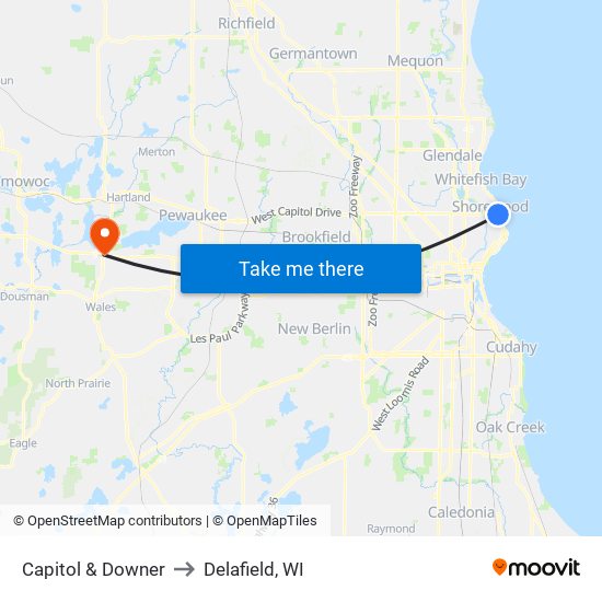 Capitol & Downer to Delafield, WI map