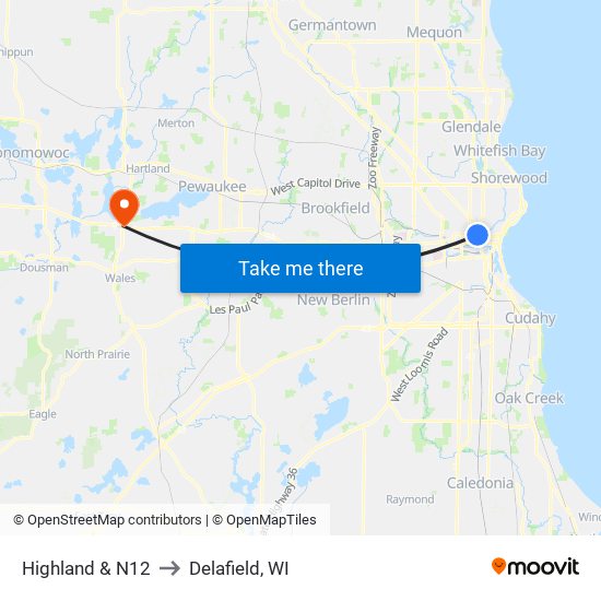 Highland & N12 to Delafield, WI map