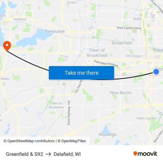 Greenfield & S92 to Delafield, WI map