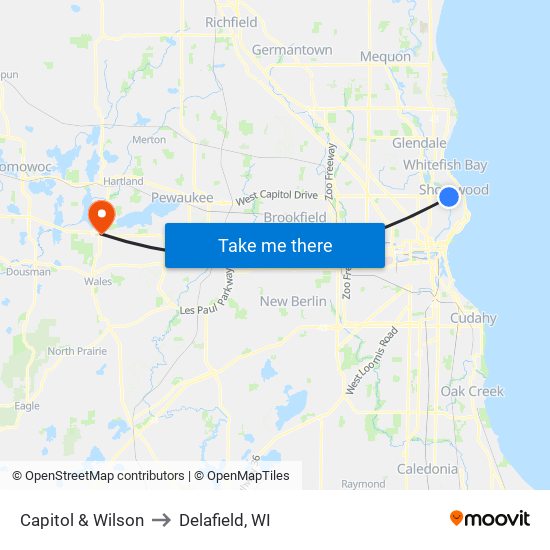 Capitol & Wilson to Delafield, WI map