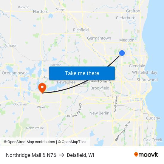 Northridge Mall & N76 to Delafield, WI map