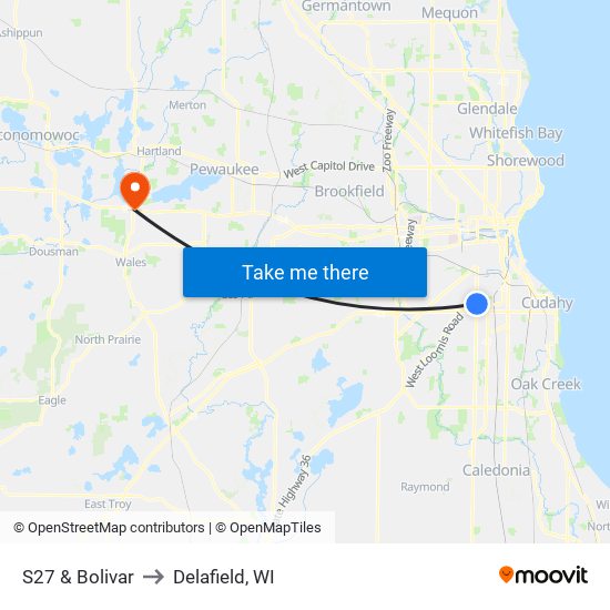 S27 & Bolivar to Delafield, WI map