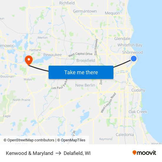 Kenwood & Maryland to Delafield, WI map