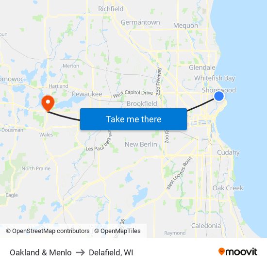 Oakland & Menlo to Delafield, WI map