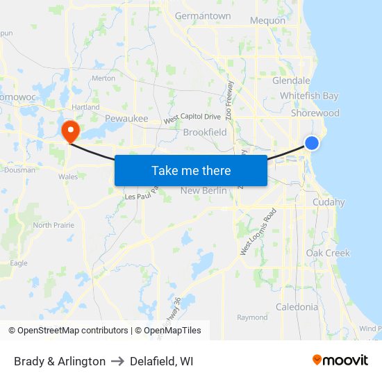 Brady & Arlington to Delafield, WI map