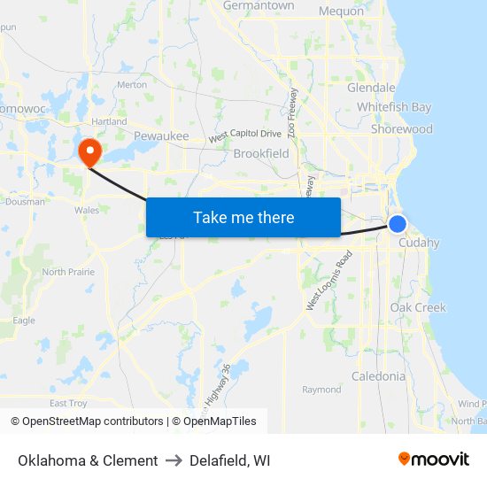 Oklahoma & Clement to Delafield, WI map