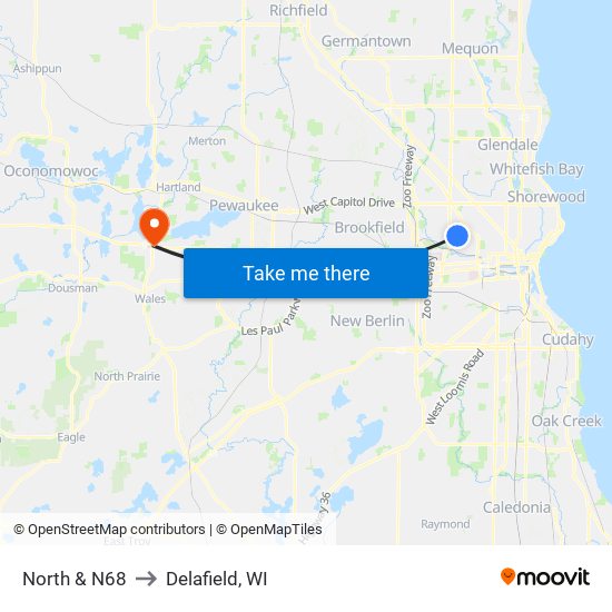 North & N68 to Delafield, WI map