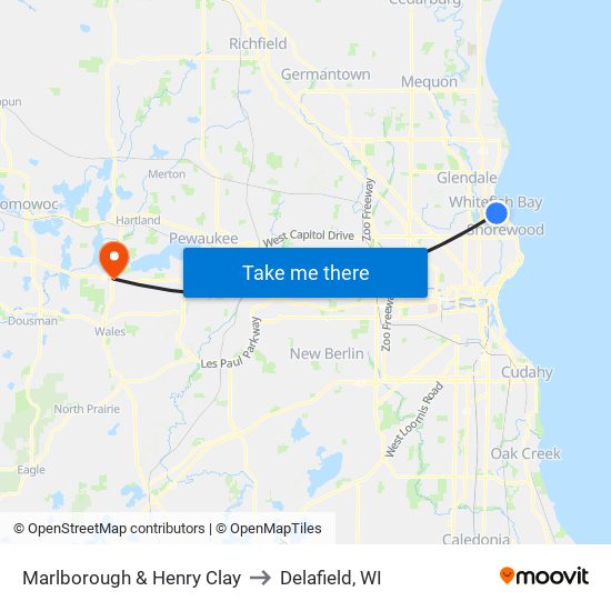 Marlborough & Henry Clay to Delafield, WI map