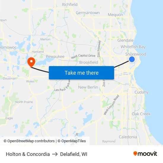 Holton & Concordia to Delafield, WI map