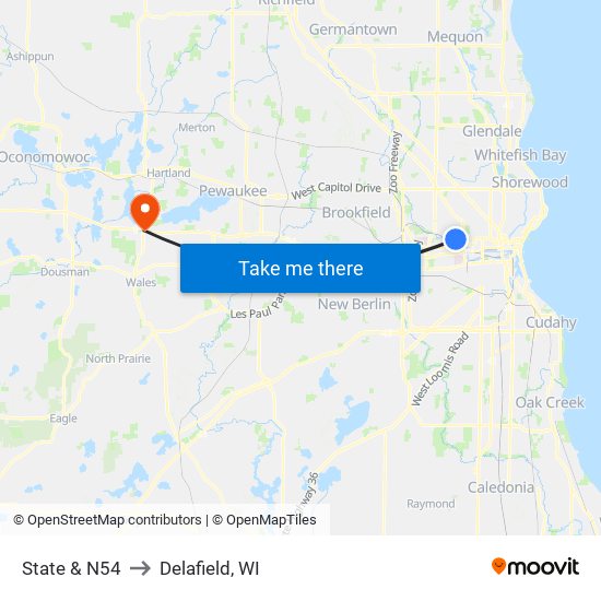 State & N54 to Delafield, WI map