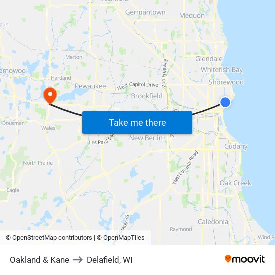 Oakland & Kane to Delafield, WI map