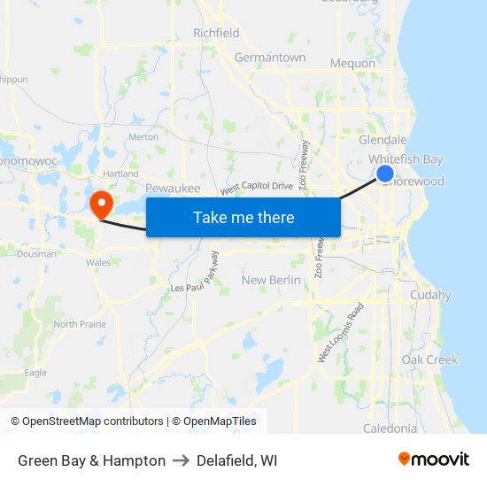 Green Bay & Hampton to Delafield, WI map