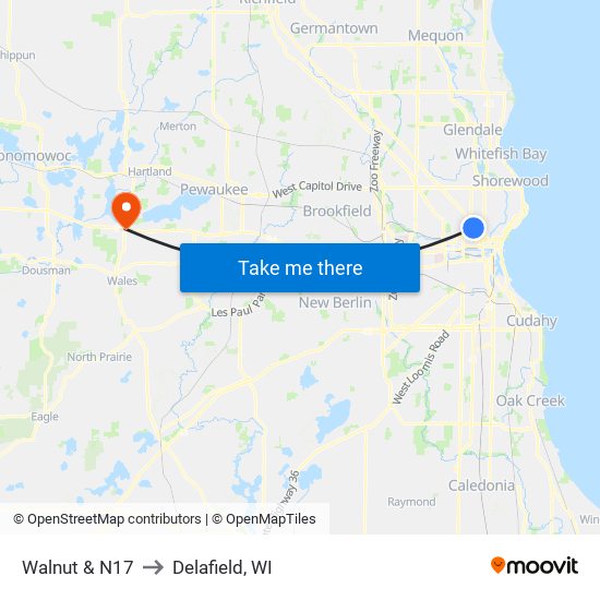 Walnut & N17 to Delafield, WI map