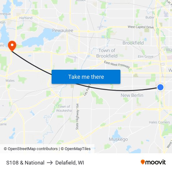 S108 & National to Delafield, WI map