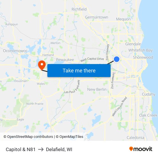 Capitol & N81 to Delafield, WI map