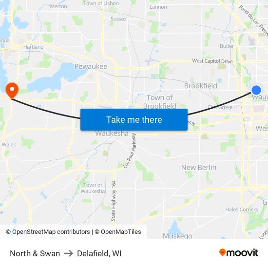 North & Swan to Delafield, WI map