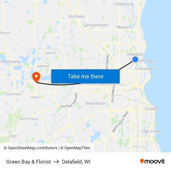 Green Bay & Florist to Delafield, WI map