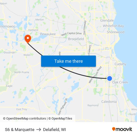 S6 & Marquette to Delafield, WI map