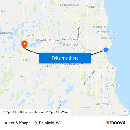 Astor & Knapp to Delafield, WI map