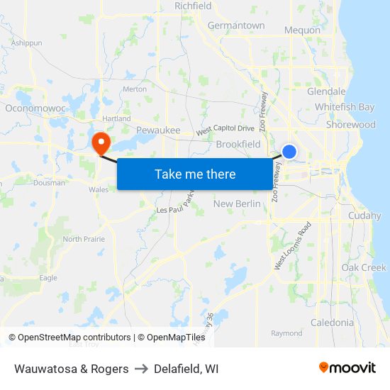 Wauwatosa & Rogers to Delafield, WI map