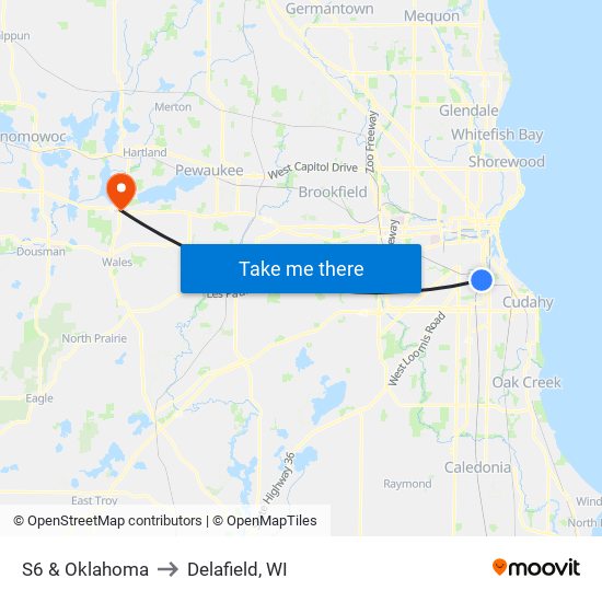 S6 & Oklahoma to Delafield, WI map