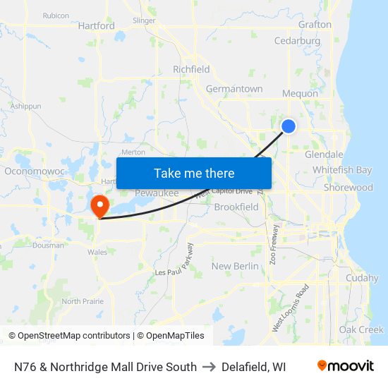 N76 & Northridge Mall Drive South to Delafield, WI map