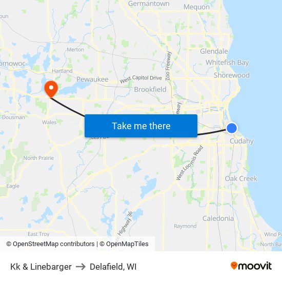 Kk & Linebarger to Delafield, WI map