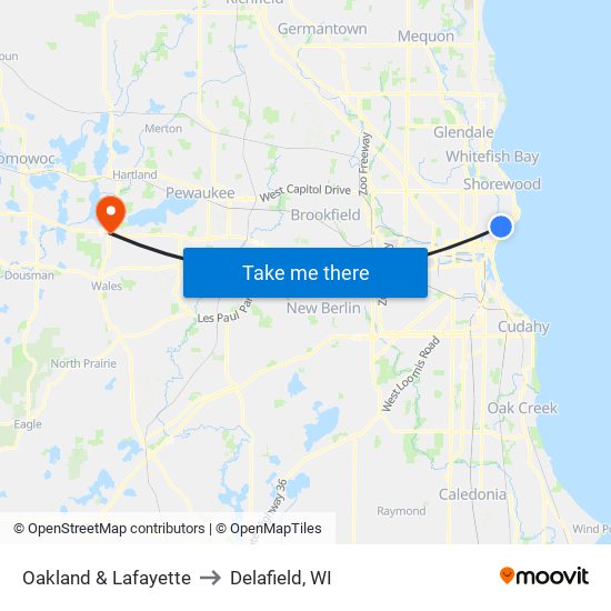 Oakland & Lafayette to Delafield, WI map