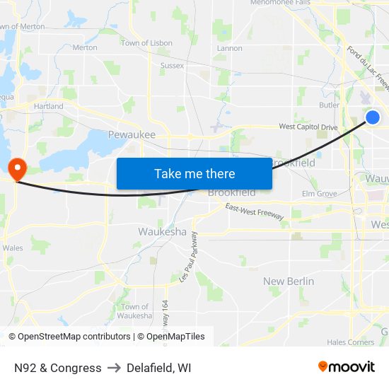 N92 & Congress to Delafield, WI map