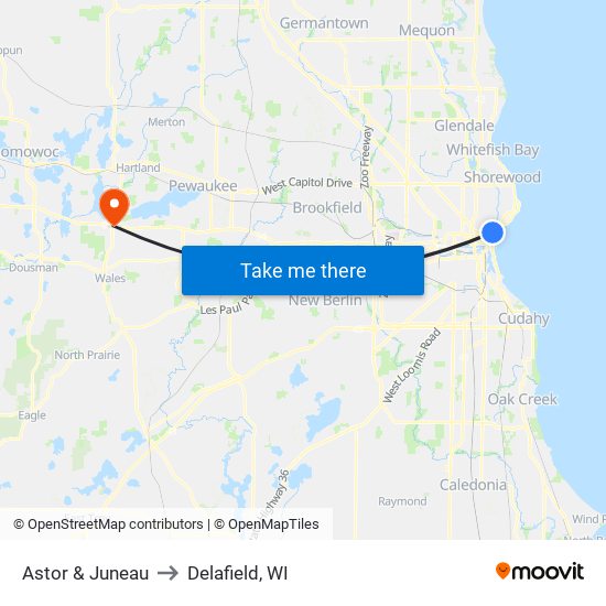 Astor & Juneau to Delafield, WI map