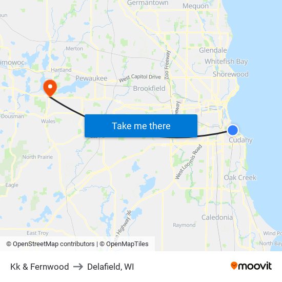 Kk & Fernwood to Delafield, WI map