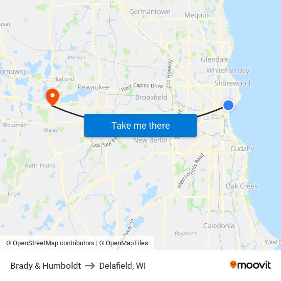 Brady & Humboldt to Delafield, WI map