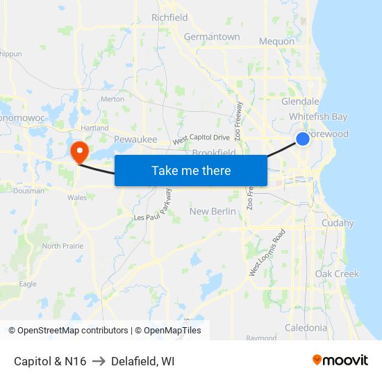 Capitol & N16 to Delafield, WI map