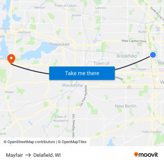 Mayfair to Delafield, WI map