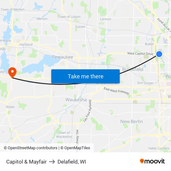 Capitol & Mayfair to Delafield, WI map