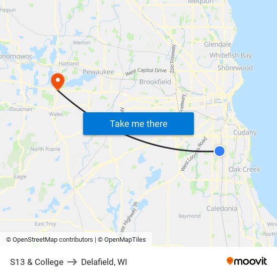 S13 & College to Delafield, WI map